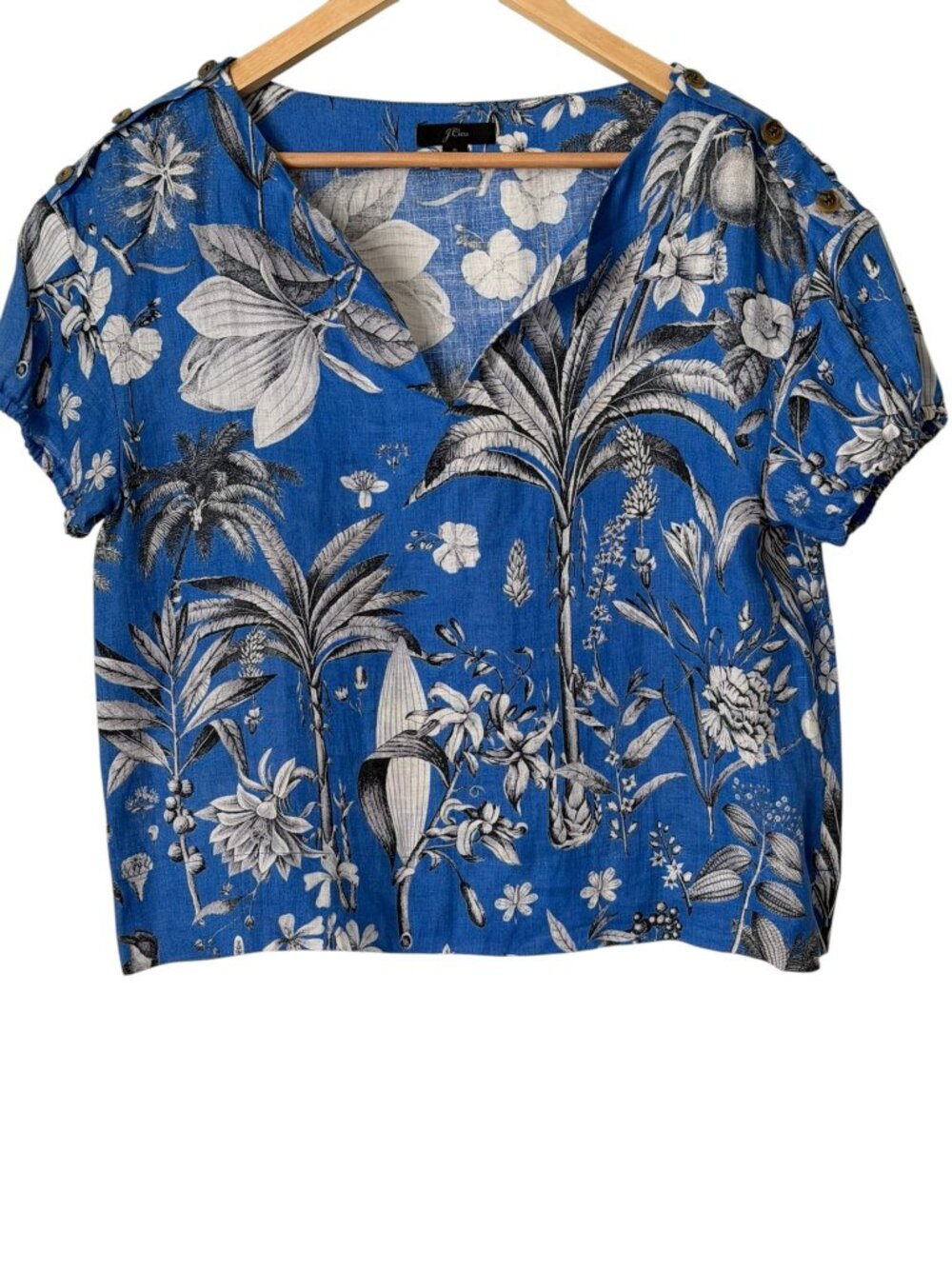 J.Crew 100 % Linen Ratti Tropical Toile Split V-Neck Button Shoulder Top Blue S